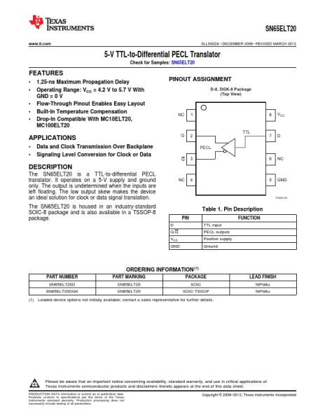 ECL-TTL транслятор Texas Instruments SN65ELT20D